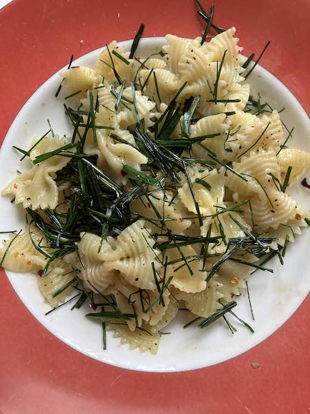 onion grass with pasta