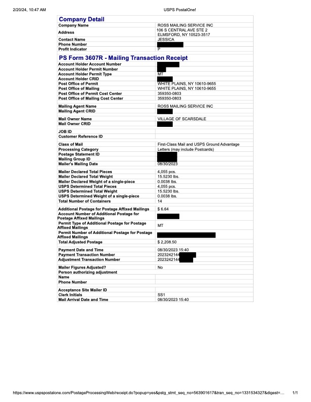 USPS PostalOne for August 30 2023 Tax Mailing Redacted